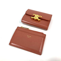 CELINE Trifold wallet Mini Wallet Triomphe Compact wallet with coin pocket leather Brown Women Used Authentic