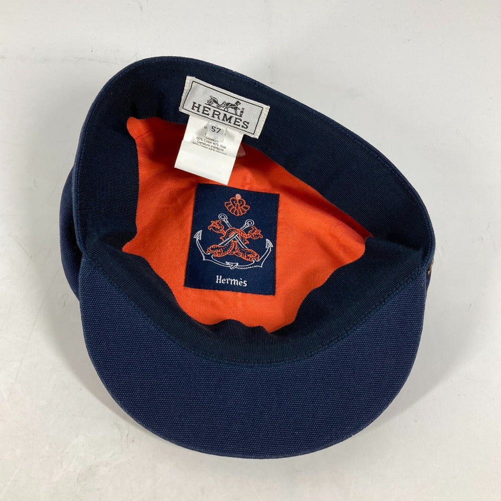 HERMES cap cotton Navy hat Kabul Serie Button Women 57 Used Authentic