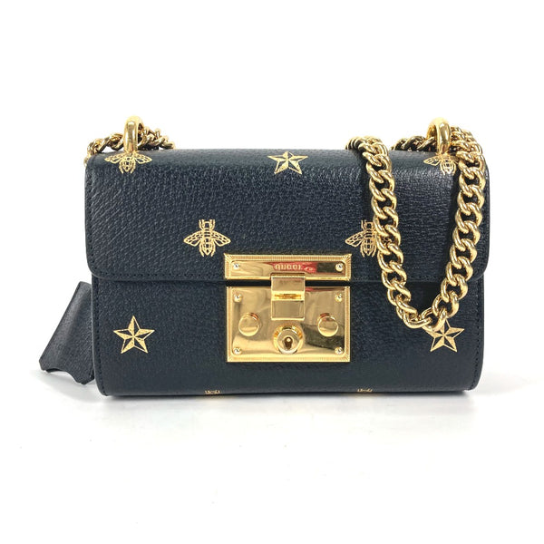 GUCCI Shoulder Bag Chain Crossbody bag pochette PADLOCK BEE leather 432182 black Women Used Authentic