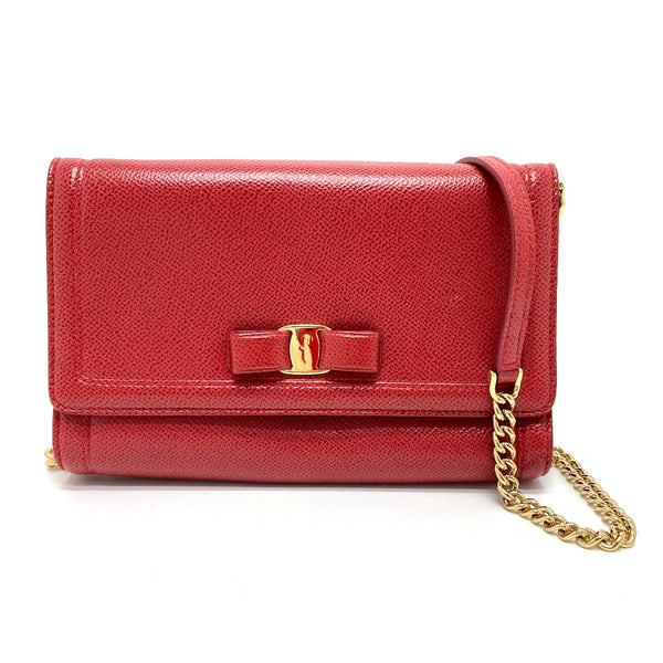 Salvatore Ferragamo Shoulder Bag Bag 2way Pochette Vala Ribbon Clutch bag leather Red Women Used Authentic