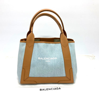 BALENCIAGA Tote Bag 339933 Leather / canvas Light blue Logo print Navy kabas S Women Used Authentic