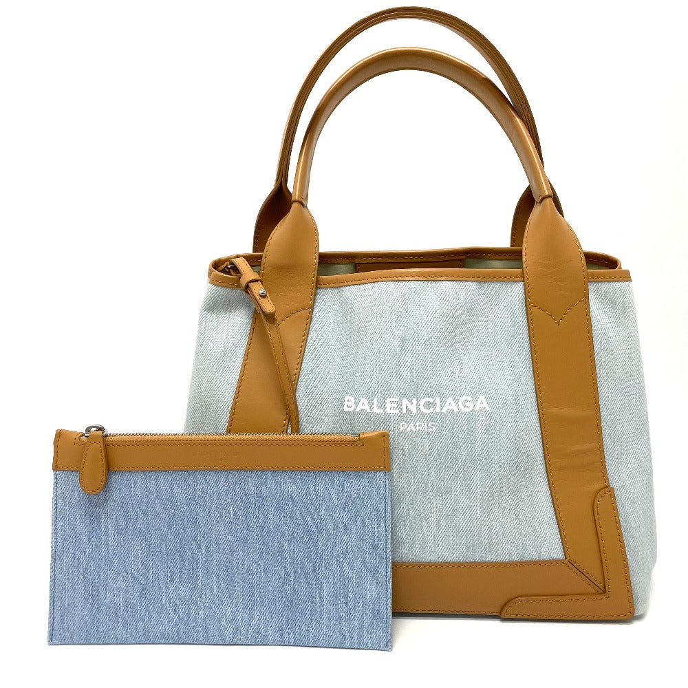 BALENCIAGA Tote Bag 339933 Leather / canvas Light blue Logo print Navy kabas S Women Used Authentic