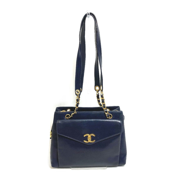 CHANEL Shoulder Bag Bag Chain Tote Bag shawl CC COCO Mark Coco ball lambskin Navy Women Used Authentic