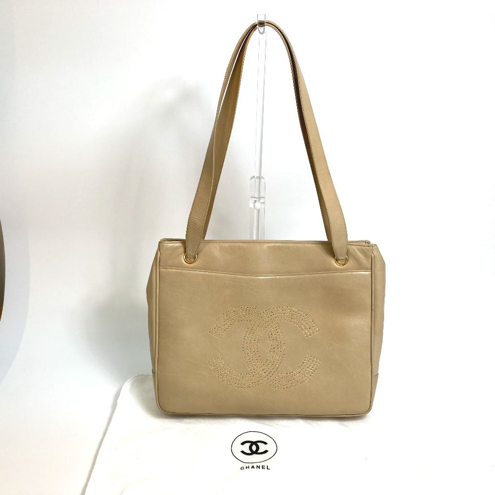 CHANEL Tote Bag lambskin beige CC COCO Mark logo Studs