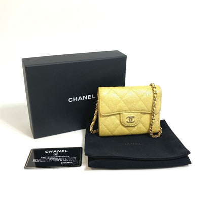 CHANEL Coin case AP0238 Caviar skin Metallic yellow CCCOCO Mark Matrasse Women Used Authentic