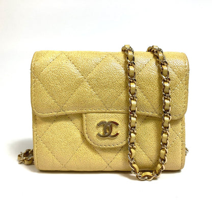 CHANEL Coin case AP0238 Caviar skin Metallic yellow CCCOCO Mark Matrasse Women Used Authentic