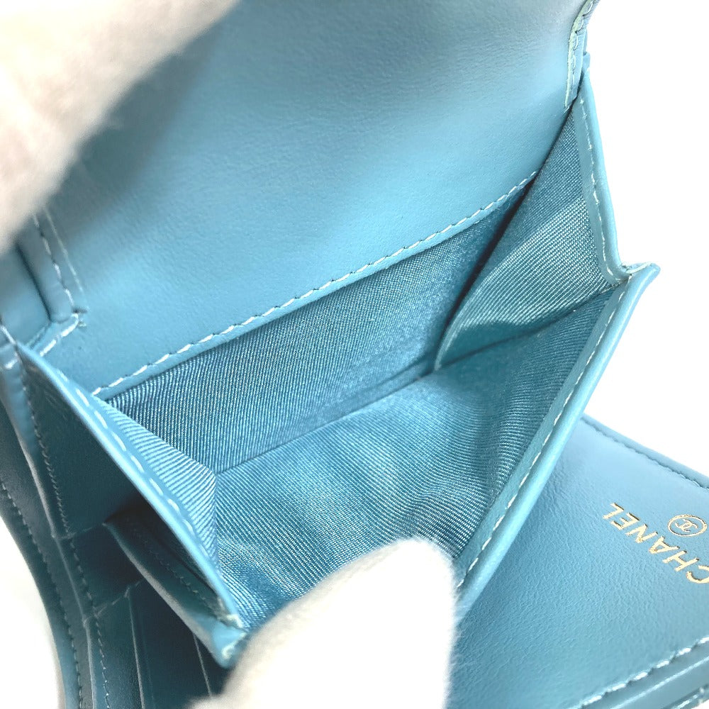 CHANEL Trifold wallet A84068 Soft caviar skin turquoise blue CC COCO Mark Boy chanel Women Used Authentic