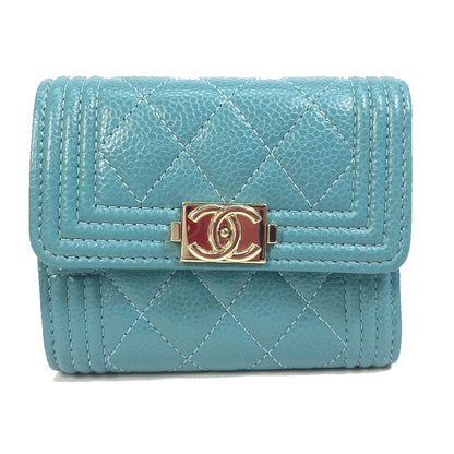 CHANEL Trifold wallet A84068 Soft caviar skin turquoise blue CC COCO Mark Boy chanel Women Used Authentic