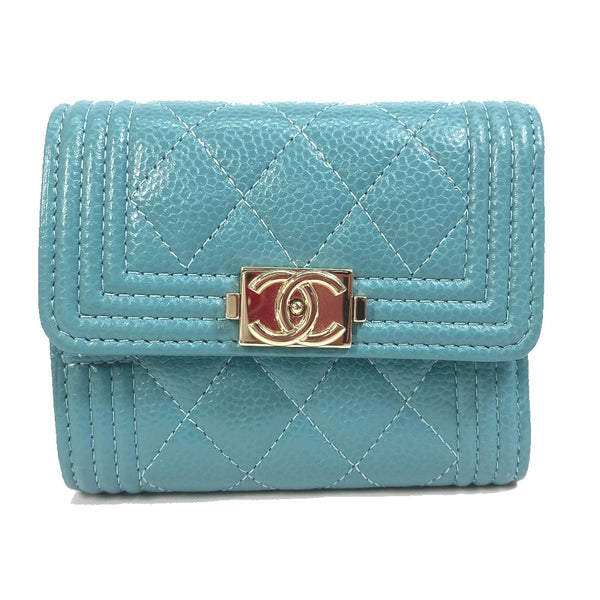 CHANEL Trifold wallet small compact wallet CC COCO Mark Boy chanel Soft caviar skin A84068 turquoise blue Women Used Authentic