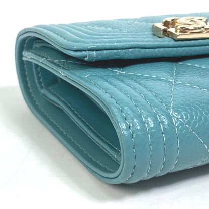 CHANEL Trifold wallet A84068 Soft caviar skin turquoise blue CC COCO Mark Boy chanel Women Used Authentic