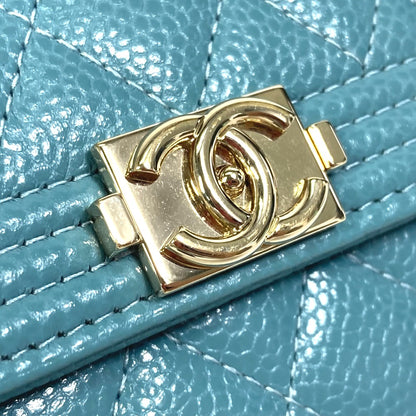 CHANEL Trifold wallet A84068 Soft caviar skin turquoise blue CC COCO Mark Boy chanel Women Used Authentic