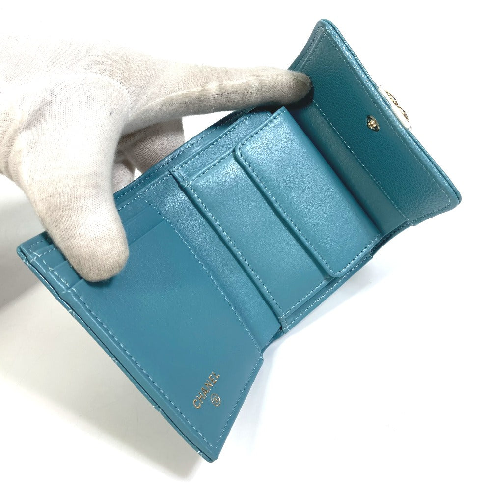 CHANEL Trifold wallet A84068 Soft caviar skin turquoise blue CC COCO Mark Boy chanel Women Used Authentic