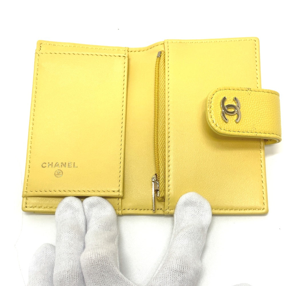 CHANEL Coin case AP1991 Caviar skin yellow CC COCO Mark classic small wallet Women Used Authentic