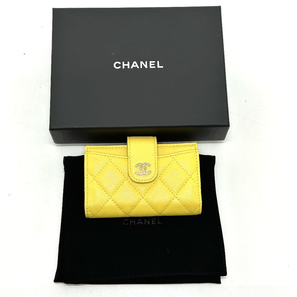 CHANEL Coin case AP1991 Caviar skin yellow CC COCO Mark classic small wallet Women Used Authentic