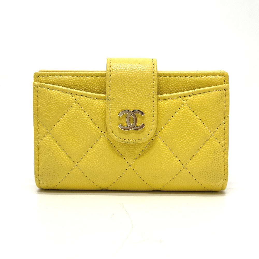 CHANEL Coin case AP1991 Caviar skin yellow CC COCO Mark classic small wallet Women Used Authentic