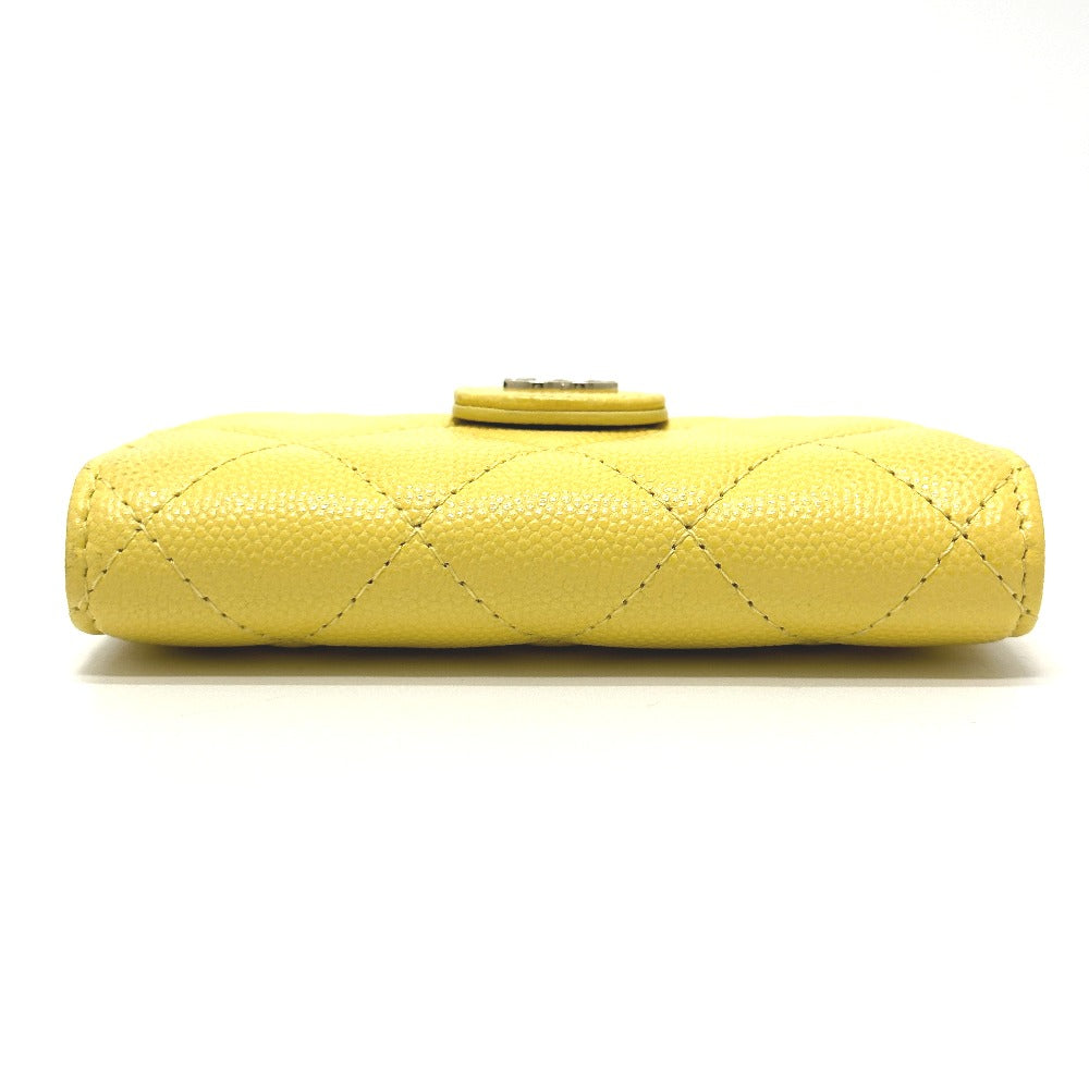 CHANEL Coin case AP1991 Caviar skin yellow CC COCO Mark classic small wallet Women Used Authentic