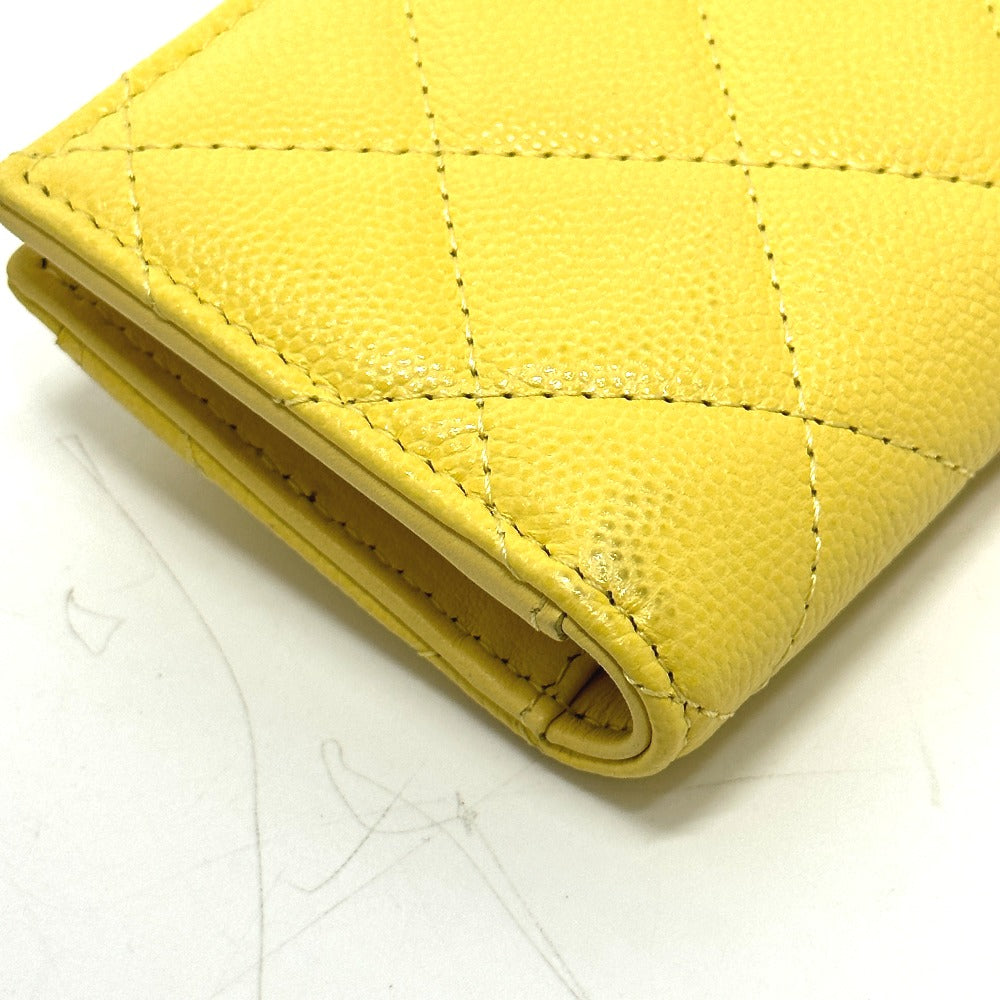 CHANEL Coin case AP1991 Caviar skin yellow CC COCO Mark classic small wallet Women Used Authentic