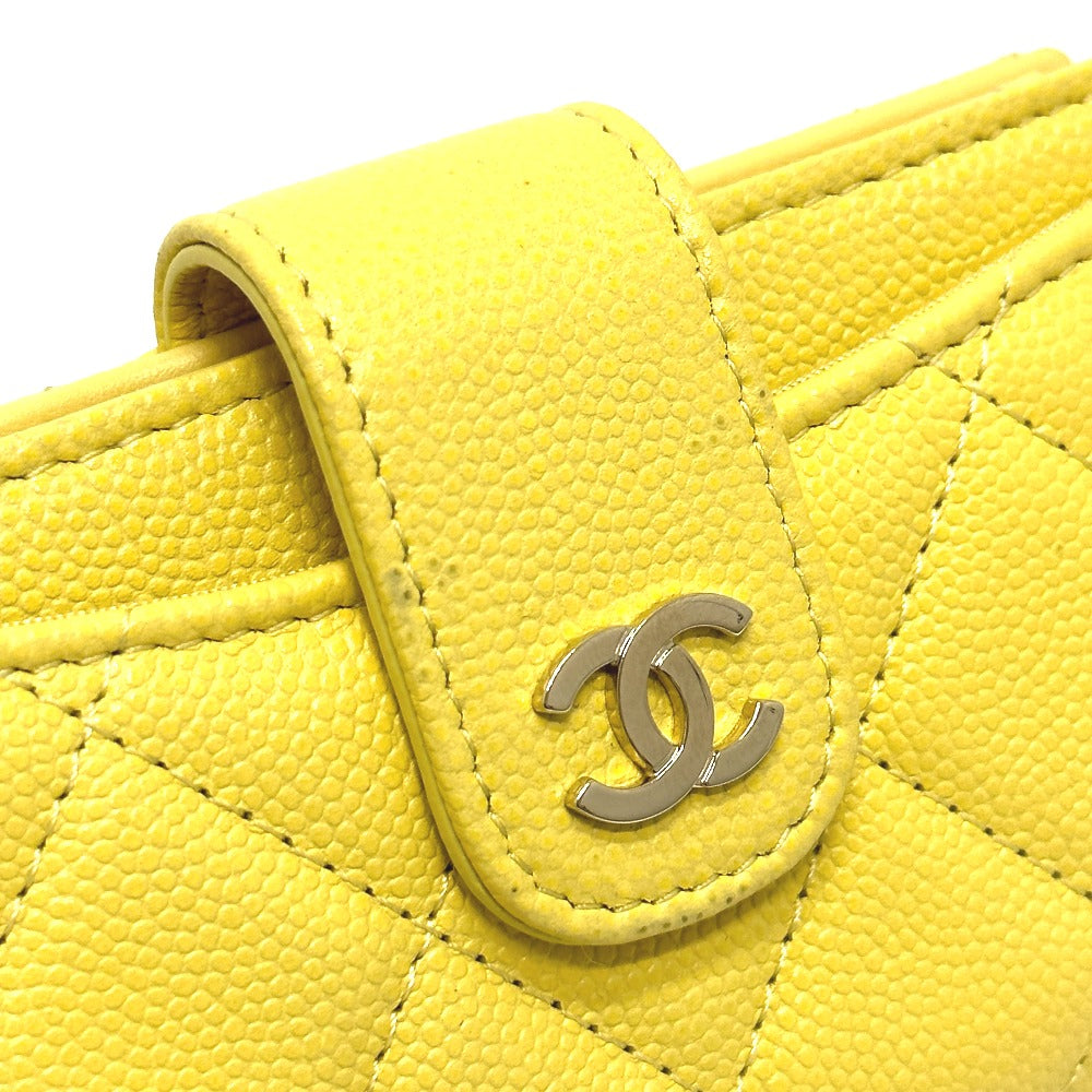 CHANEL Coin case AP1991 Caviar skin yellow CC COCO Mark classic small wallet Women Used Authentic