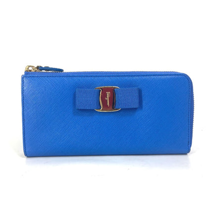 Salvatore Ferragamo Long Wallet Purse 22-C124 leather blue Vala Vala Ribbon Women Used Authentic