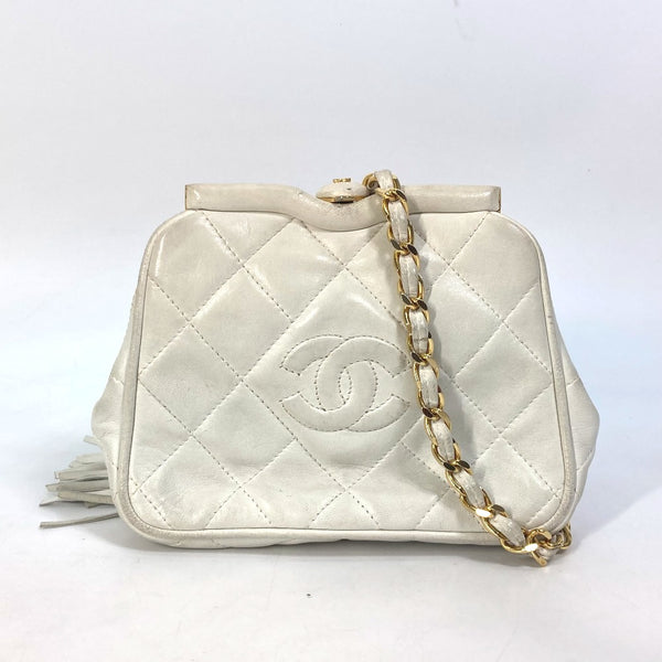 CHANEL Waist bag Waist pouch with clasp and fringe Chain COCO Mark CC Matrasse quilting lambskin white Women Used Authentic