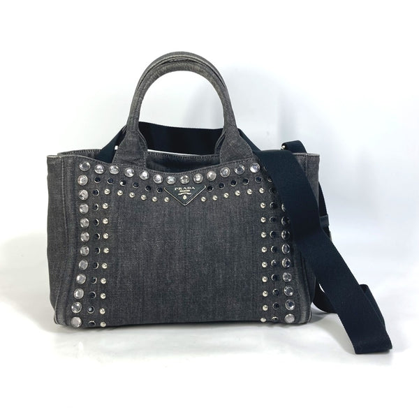 PRADA Handbag 2WAY Studded Shoulder Bag With logo Canapa mini denim B24390 black Women Used Authentic