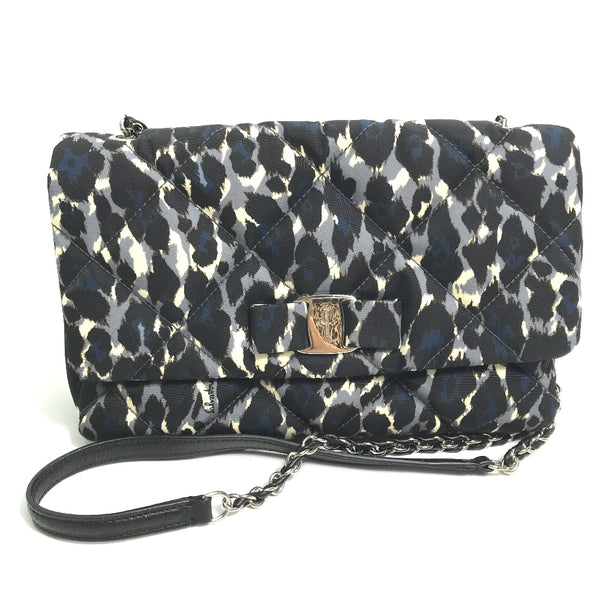 Salvatore Ferragamo Shoulder Bag Chain Vala Ribbon Leopard Nylon / leather E834 black Women Used Authentic