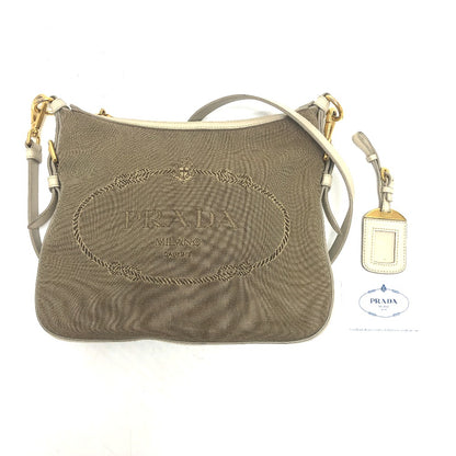 PRADA Shoulder Bag BT0706 Canvas / leather beige logo Jacquard Women Used Authentic