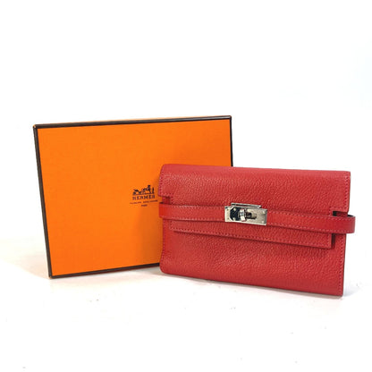 HERMES Trifold wallet Shave Red Kelly wallet medium Women Used Authentic