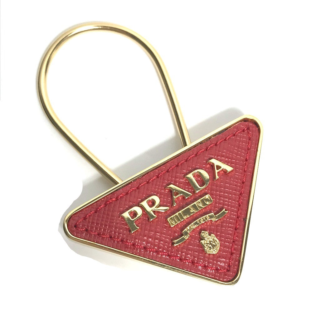 PRADA Key ring 1PP301 Saffiano Leather, Gold Plated Red Triangle logo plate Women Used Authentic