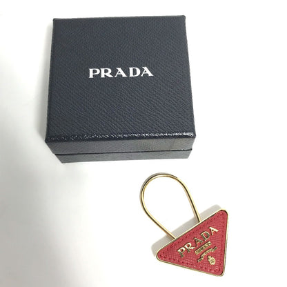 PRADA Key ring 1PP301 Saffiano Leather, Gold Plated Red Triangle logo plate Women Used Authentic