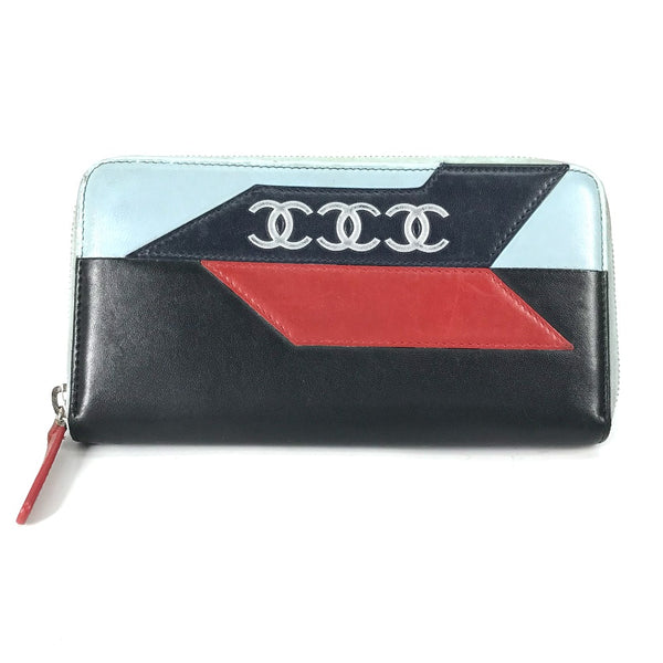 CHANEL Long Wallet Purse Zip Around airline triple coco Long wallet leather black Women Used Authentic