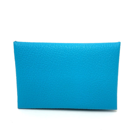 HERMES Card Case Shave blue Calvi Women Used Authentic