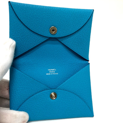 HERMES Card Case Shave blue Calvi Women Used Authentic