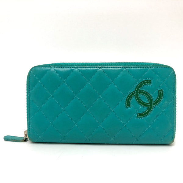 CHANEL Long Wallet Purse Zip Around COCO Mark Matrasse leather green Women Used Authentic