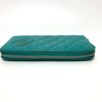 CHANEL Long Wallet Purse Zip Around COCO Mark Matrasse leather green Women Used Authentic