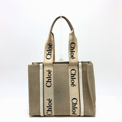 Chloe Tote Bag canvas beige logo Woody Medium unisex(Unisex) Used Authentic