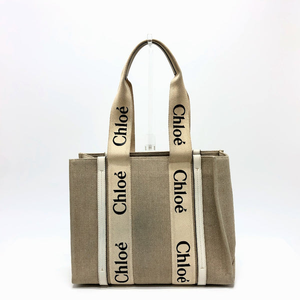 Chloe Tote Bag Handbag logo Woody Medium canvas beige unisex(Unisex) Used Authentic