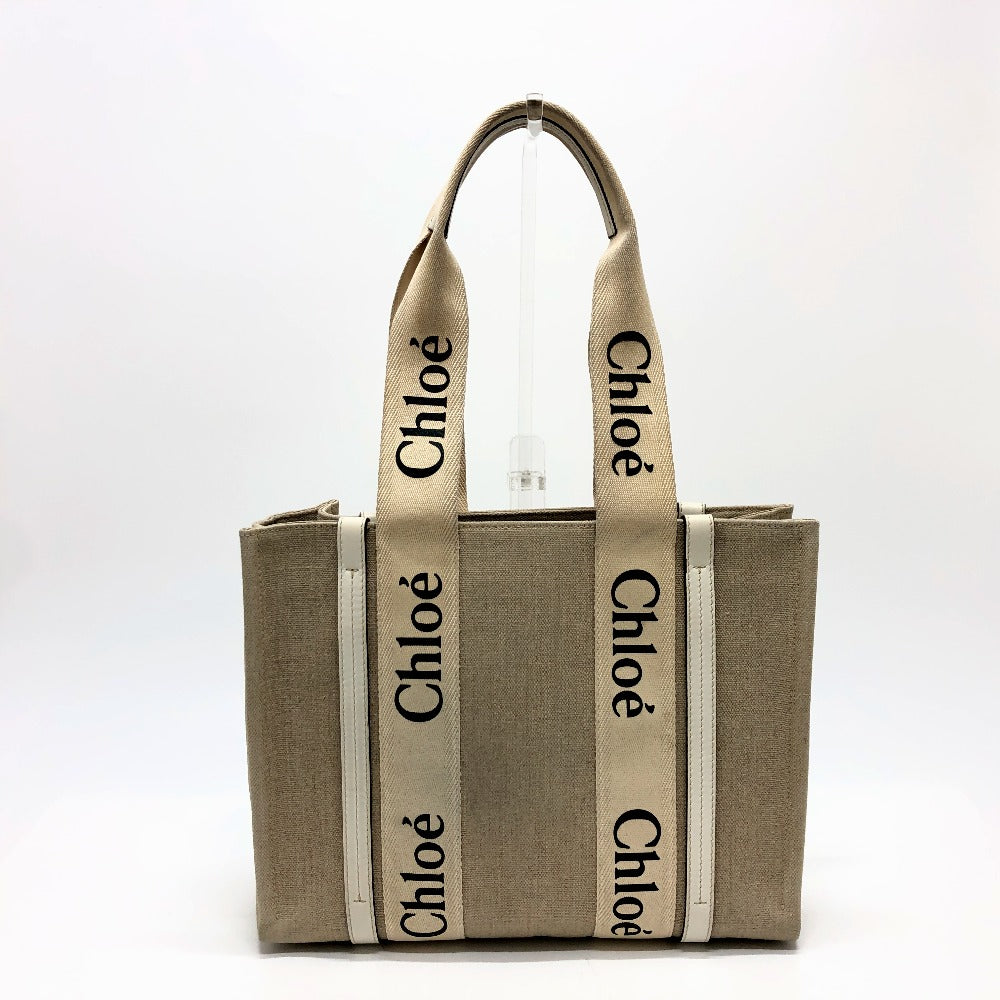 Chloe Tote Bag canvas beige logo Woody Medium unisex(Unisex) Used Authentic