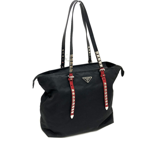 PRADA Tote Bag Handbag Triangle With logo Studs Nylon / leather black Women Used Authentic