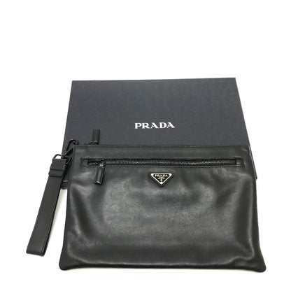 PRADA Clutch bag leather black Triangle logo mens Used Authentic