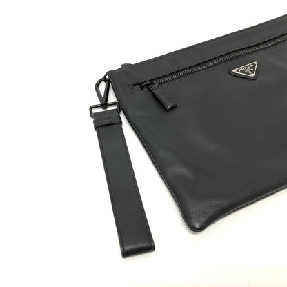 PRADA Clutch bag leather black Triangle logo mens Used Authentic