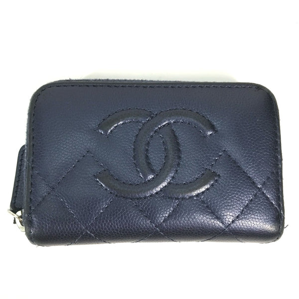 CHANEL Coin case Zip Around Wallet Coin Pocket CC COCO Mark Matelasse Quilting Soft caviar skin blue Women Used Authentic