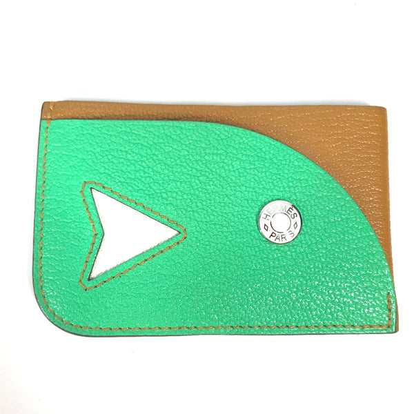 HERMES Card Case Business Card Holder Pass Case Serie Bicolor Poisson Shave green Women Used Authentic