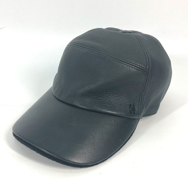 HERMES cap hat cap baseball H logo Leather Cap Cashmere Leather black mens Used Authentic