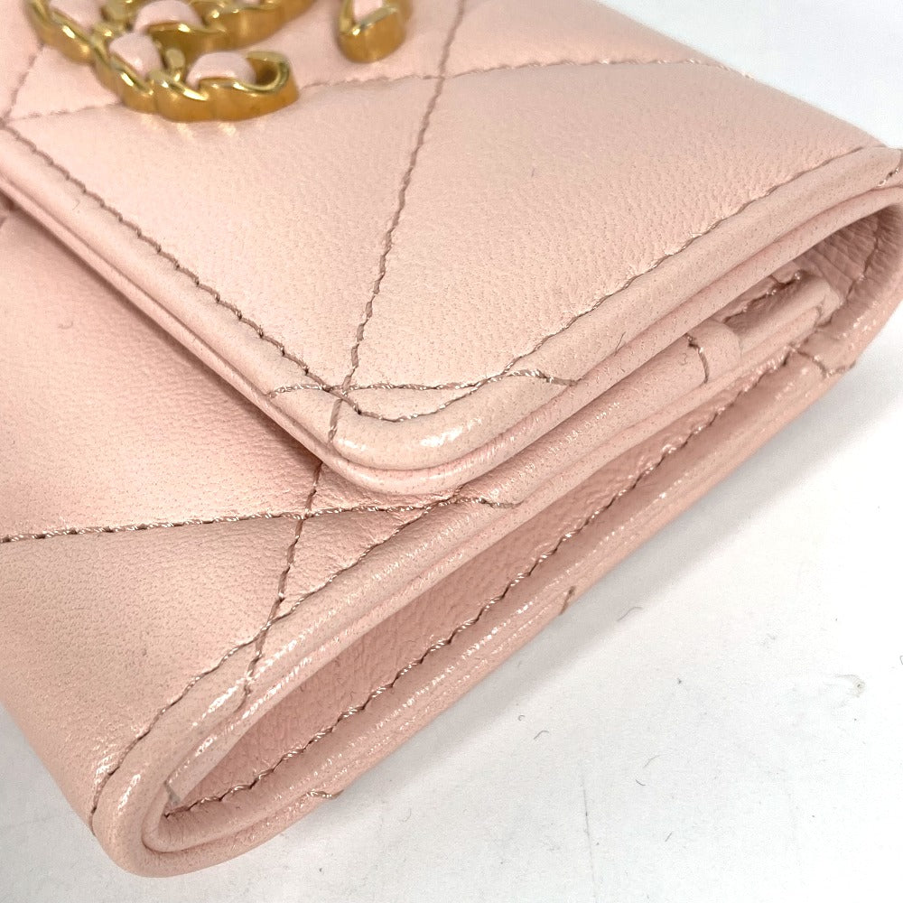 CHANEL Coin case lambskin pink 19th Line Chain CC Card Case Matelasse Women Used Authentic