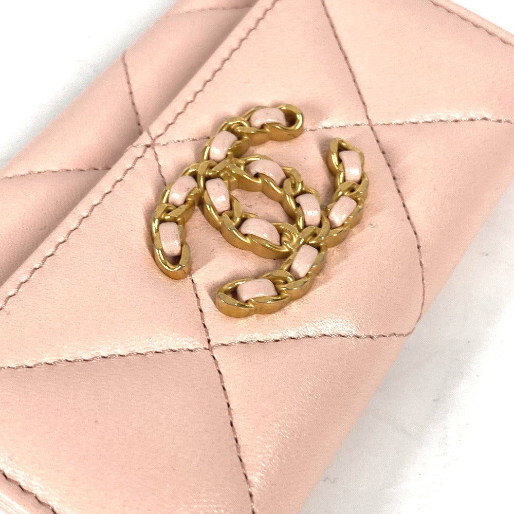 CHANEL Coin case lambskin pink 19th Line Chain CC Card Case Matelasse Women Used Authentic