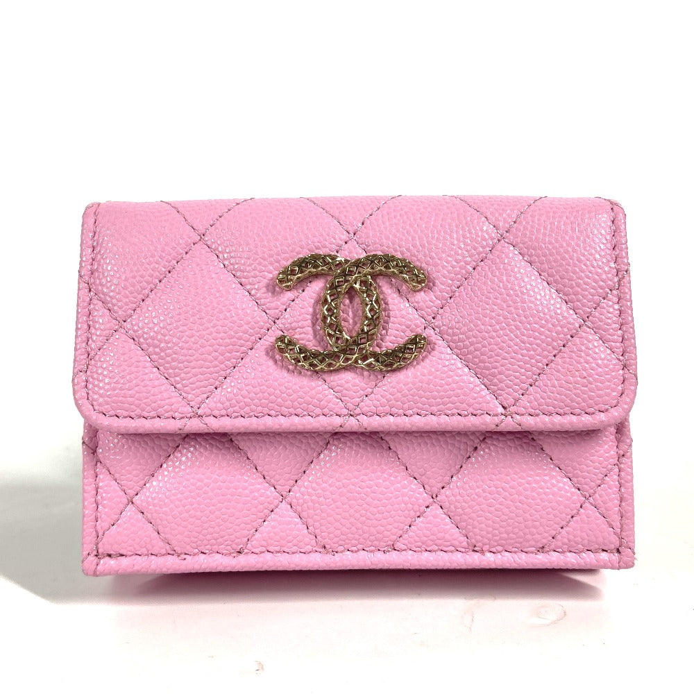 CHANEL Trifold wallet AP3182 Caviar skin pink CC COCO Mark matelasse small flap wallet Women Used Authentic