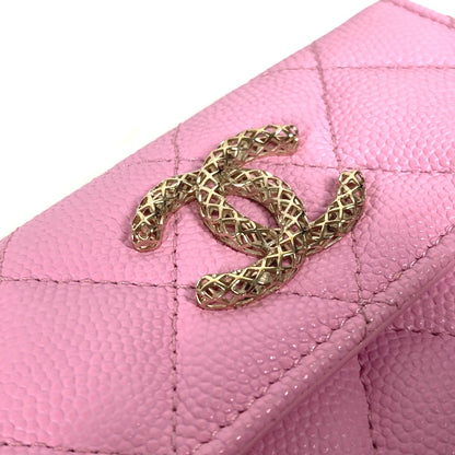 CHANEL Trifold wallet AP3182 Caviar skin pink CC COCO Mark matelasse small flap wallet Women Used Authentic