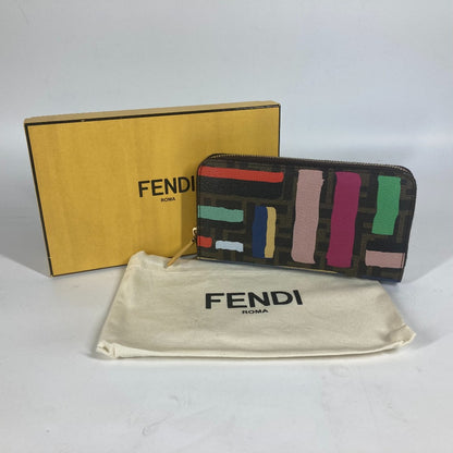 FENDI Long Wallet Purse 8M0299 PVC / Leather Brown Long wallet Zucca Paint Pattern Women Used Authentic