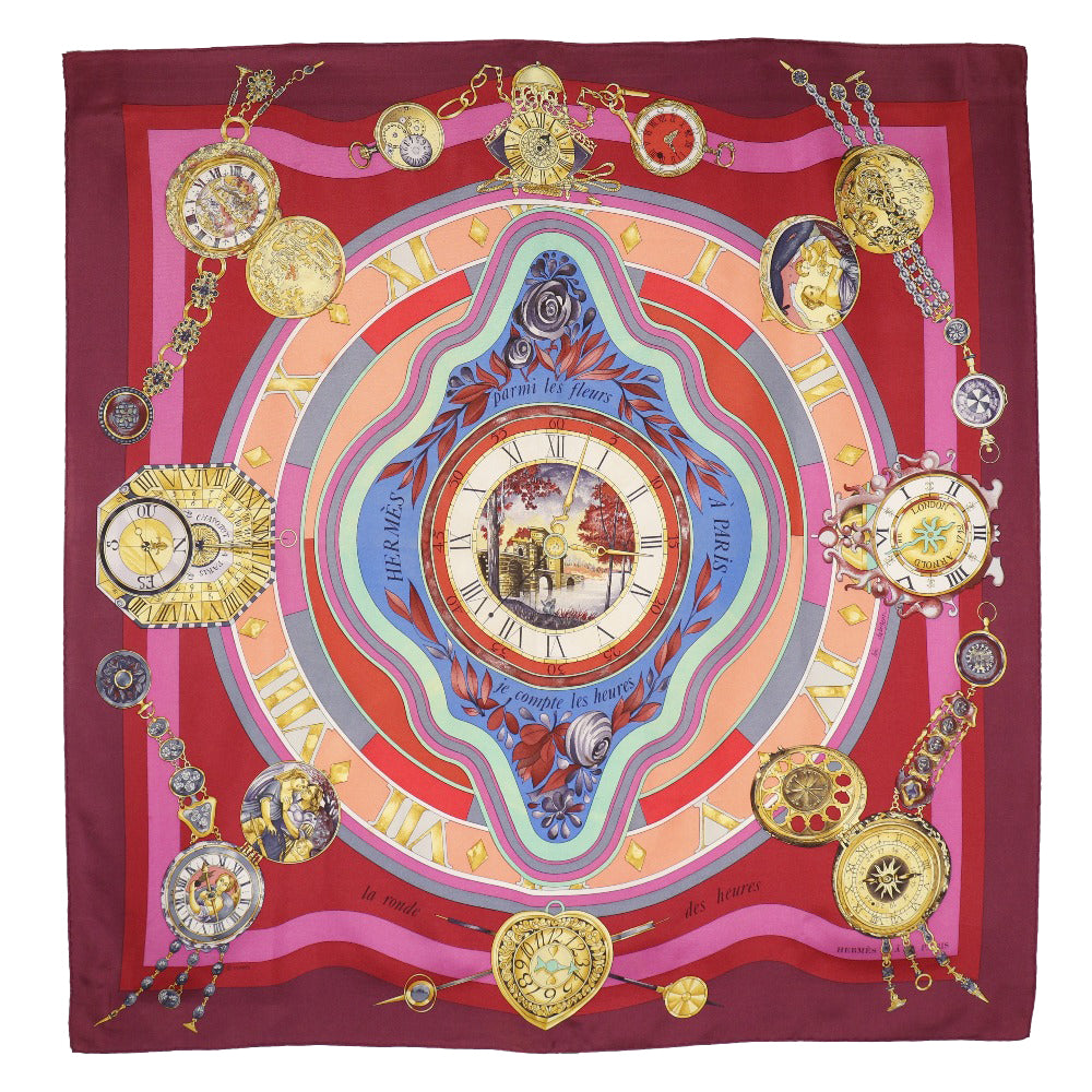 HERMES scarf silk Red Time spent in the flowers parmi les fleurs je compte les heures Carre90 Women Used Authentic